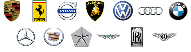 PORSCHE Ferrari VOLVO LAMBORGHINI Volkswagen Audi BMW Mercedes-Benz Cadillac CHRYSLER Aston Martin ROLLS ROYCE BENTLEY